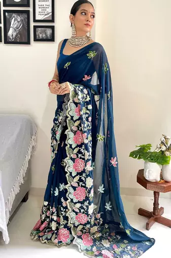 Teal floral embroidered saree