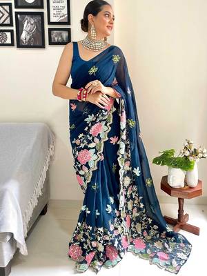 Teal floral embroidered saree 3