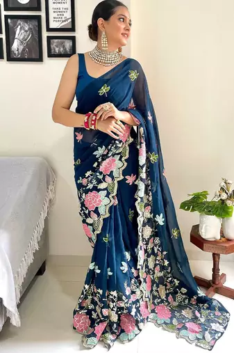 Teal floral embroidered saree