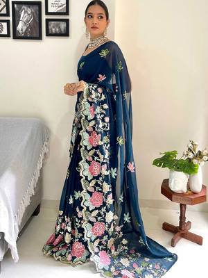 Teal floral embroidered saree 4