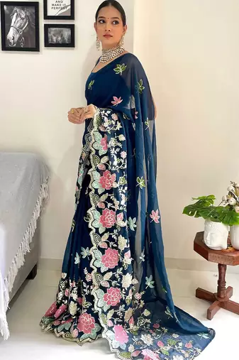 Teal floral embroidered saree