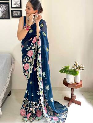 Teal floral embroidered saree 5
