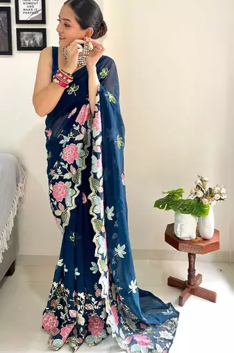 Teal floral embroidered saree