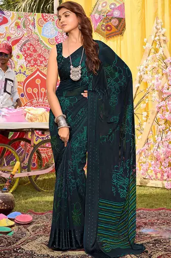 teal floral printed saree