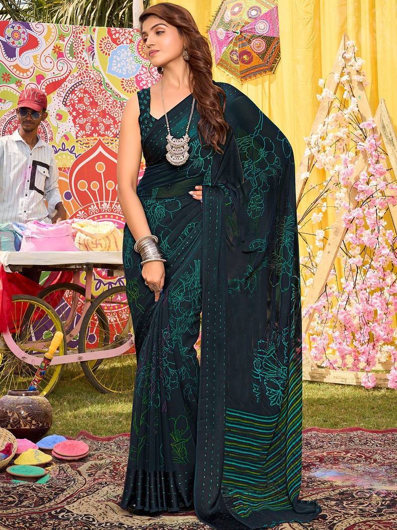 teal floral printed saree