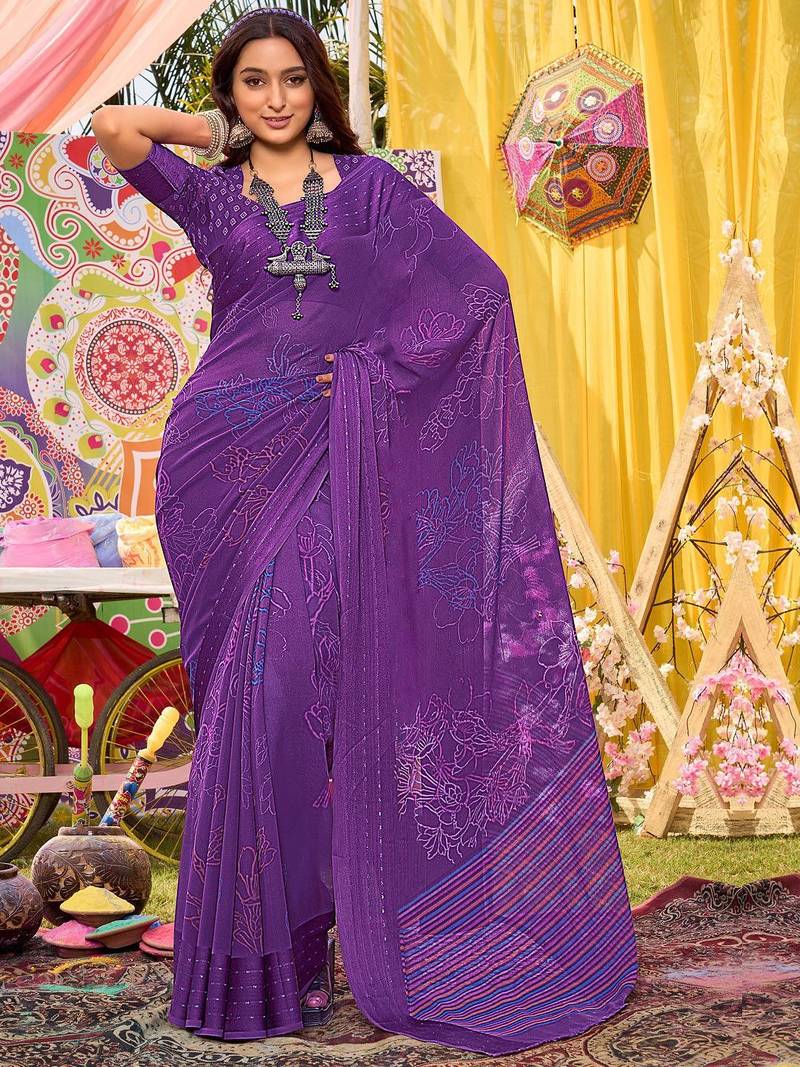 Purple floral printed saree
