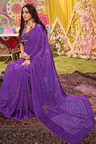 Purple floral printed saree