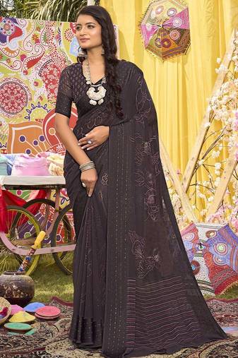 Brown floral sequinned saree