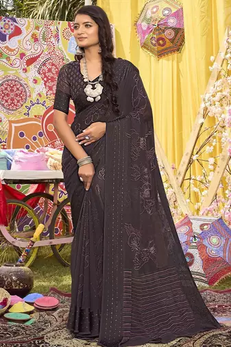 Brown floral sequinned saree