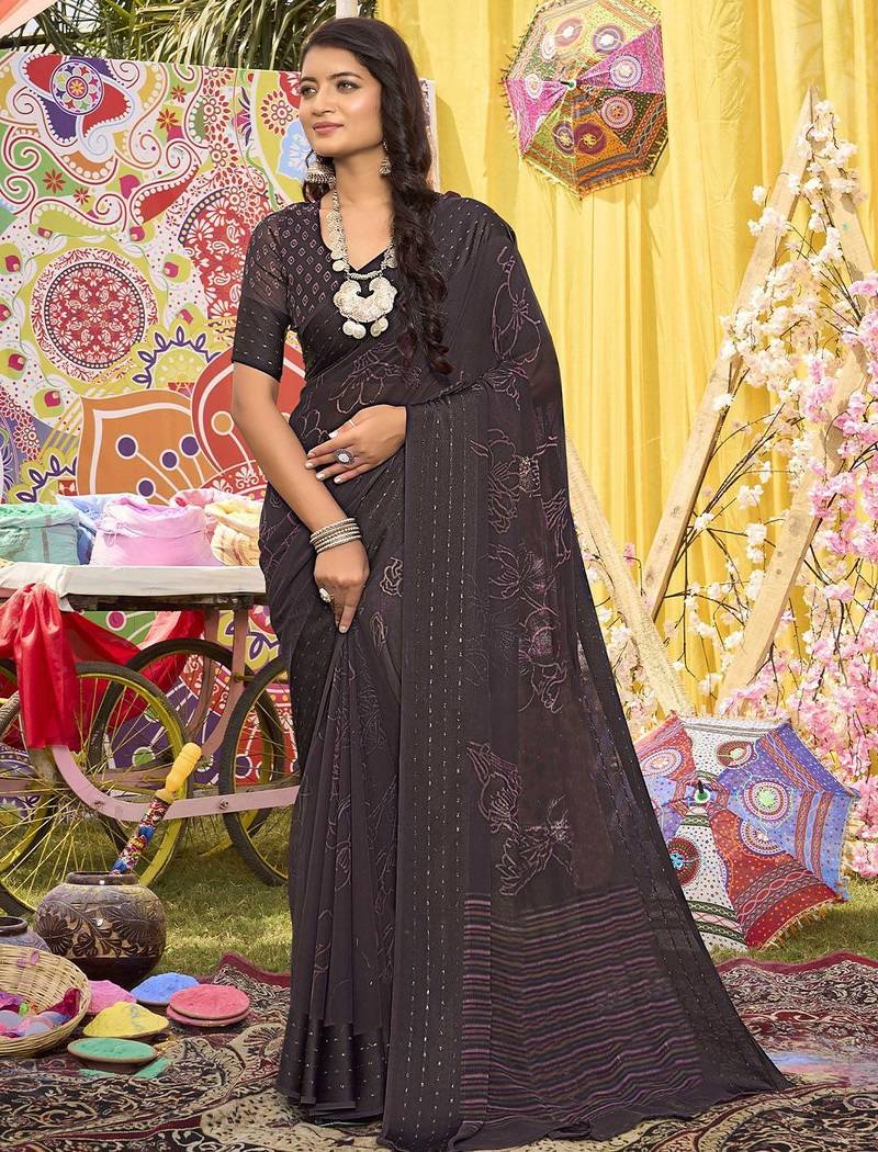 Brown floral sequinned saree