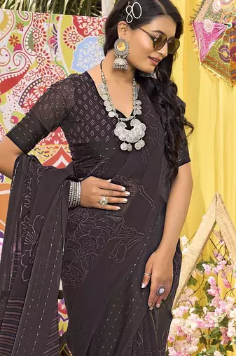 Brown floral sequinned saree