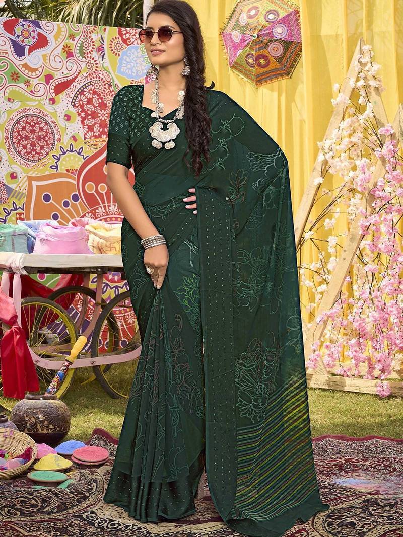 green floral printed sequinned  saree