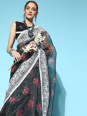 black floral saree with embroidered border 1