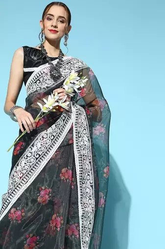 black floral saree with embroidered border