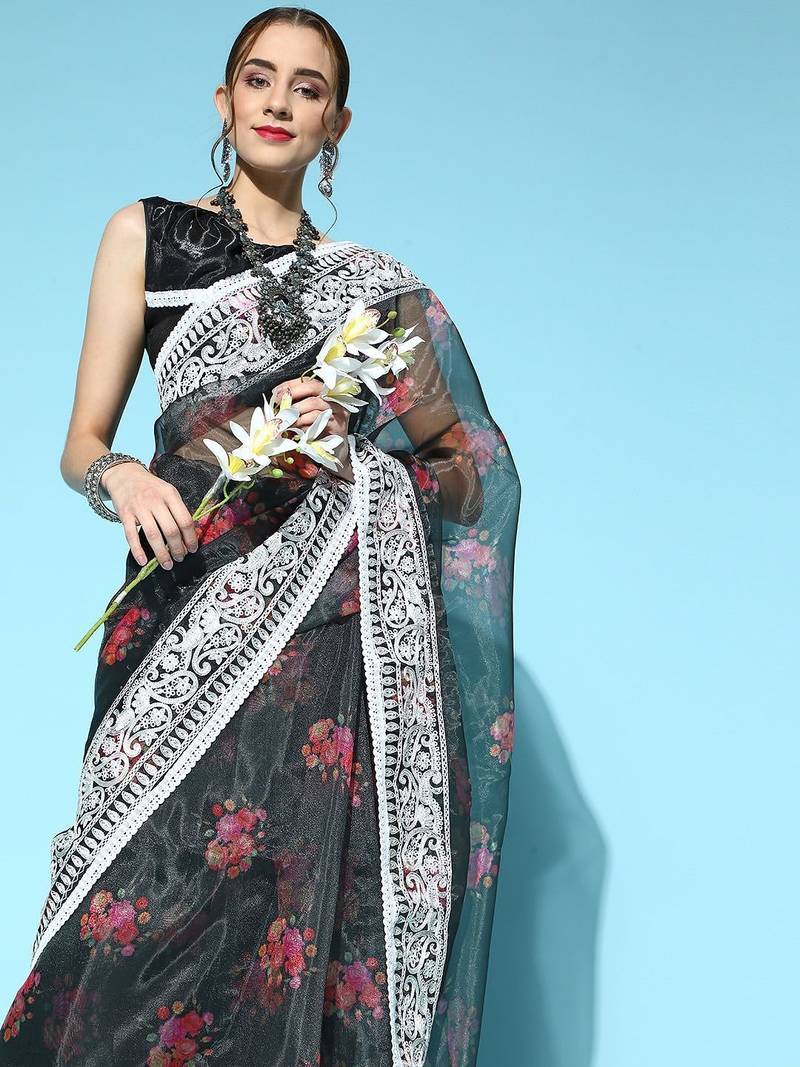 black floral saree with embroidered border