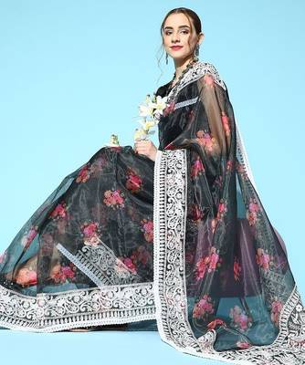 black floral saree with embroidered border 2