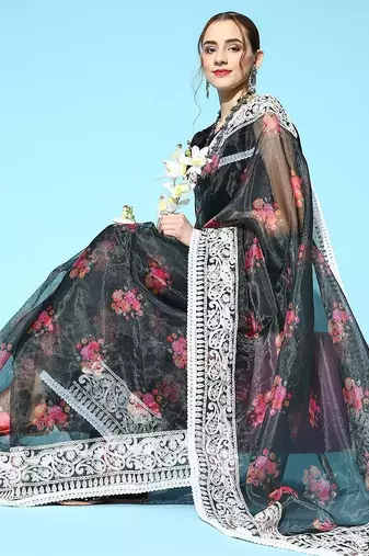 black floral saree with embroidered border