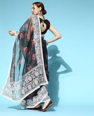 black floral saree with embroidered border 4