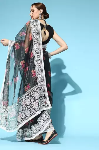 black floral saree with embroidered border