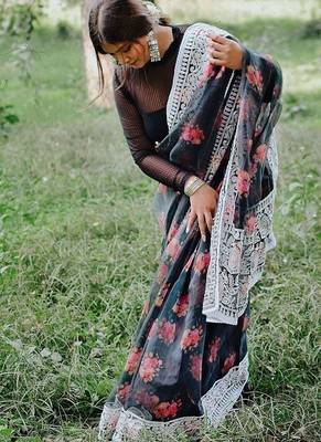 black floral saree with embroidered border 5