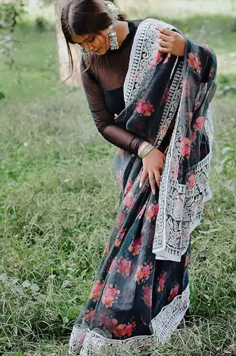 black floral saree with embroidered border