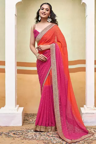 orange polka dot printed gotta patti pure georgette woven design ikat saree
