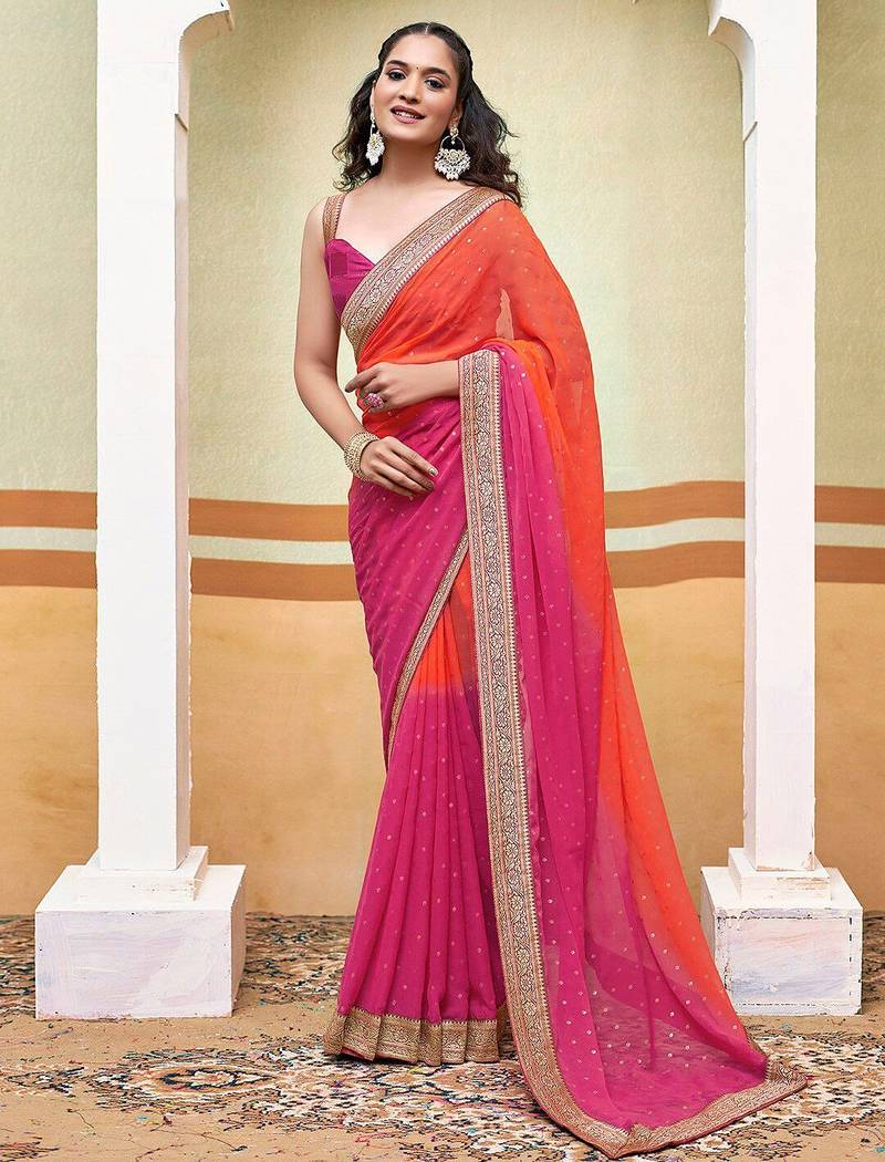 orange polka dot printed gotta patti pure georgette woven design ikat saree