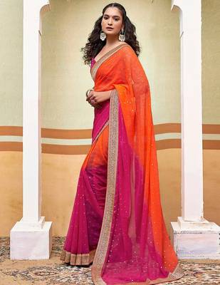 orange polka dot printed gotta patti pure georgette woven design ikat saree 2