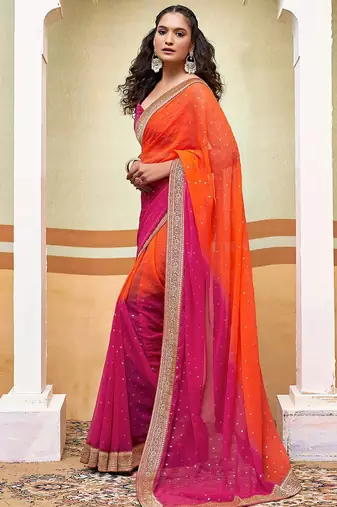 orange polka dot printed gotta patti pure georgette woven design ikat saree