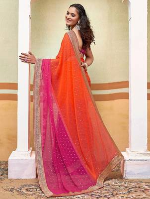 orange polka dot printed gotta patti pure georgette woven design ikat saree 3