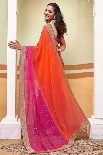 orange polka dot printed gotta patti pure georgette woven design ikat saree