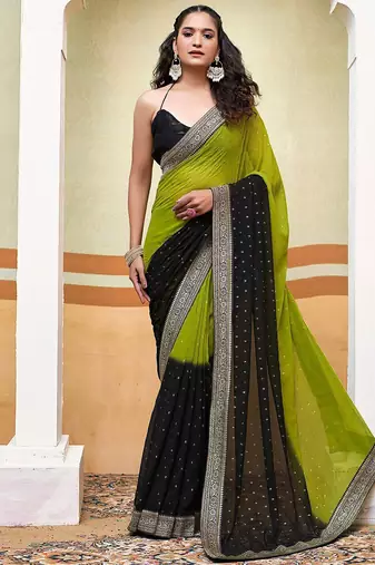 olive polka dot gotta patti pure georgette ikat saree
