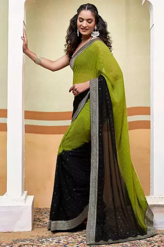 olive polka dot gotta patti pure georgette ikat saree