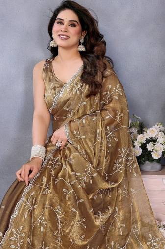 Olive floral embroidered jimmy choo satin saree