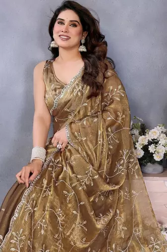 Olive floral embroidered jimmy choo satin saree