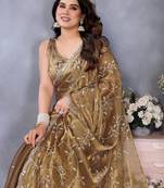 Olive floral embroidered jimmy choo satin saree