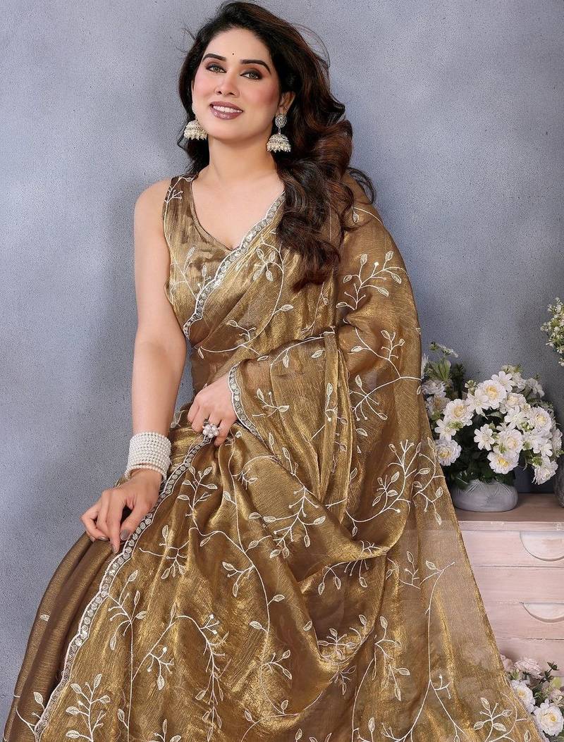 Olive floral embroidered jimmy choo satin saree