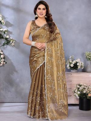 Olive floral embroidered jimmy choo satin saree 2