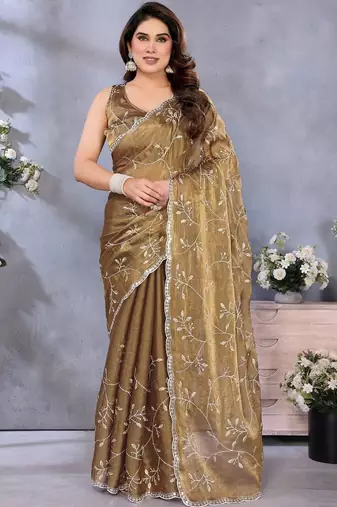 Olive floral embroidered jimmy choo satin saree