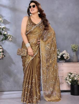 Olive floral embroidered jimmy choo satin saree 3