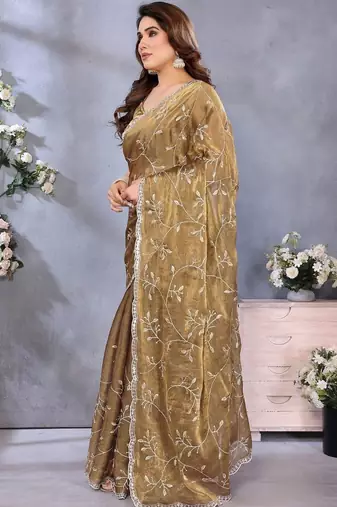 Olive floral embroidered jimmy choo satin saree