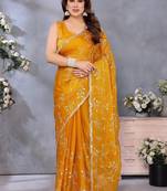 Yellow abstract printed embroidered saree with blouse piece