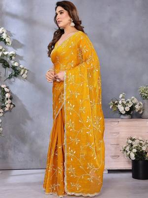 Yellow abstract printed embroidered saree with blouse piece 3