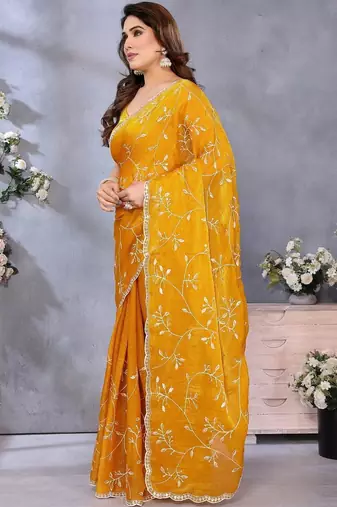 Yellow abstract printed embroidered saree with blouse piece