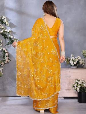 Yellow abstract printed embroidered saree with blouse piece 4