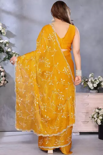 Yellow abstract printed embroidered saree with blouse piece