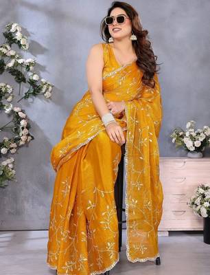 Yellow abstract printed embroidered saree with blouse piece 5