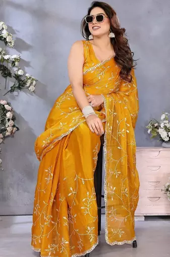 Yellow abstract printed embroidered saree with blouse piece