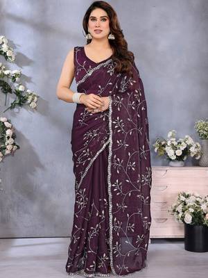 purple floral printed embroidered border satin saree with matching blouse 1