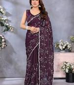 purple floral printed embroidered border satin saree with matching blouse